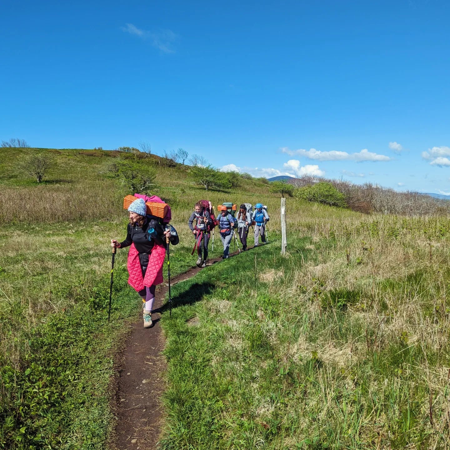 A group of women backpacking on the Appalachian Trail through a grassy meadow