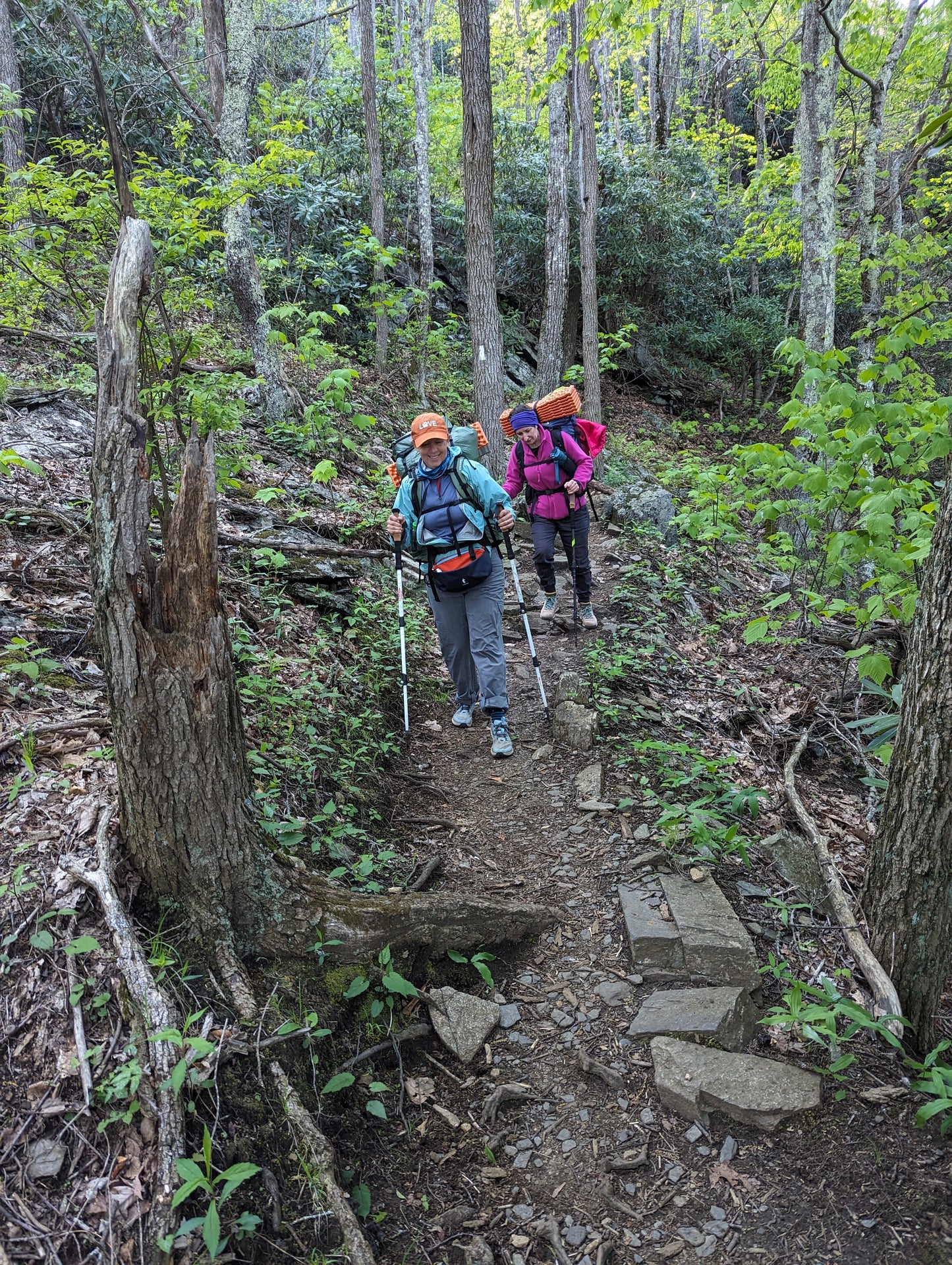 Two women wearing backpacks while hiking down a forest trail